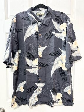 Tommy Bahama 100% Silk Hawaiian Camp Shirt Gray Tropical Floral XL